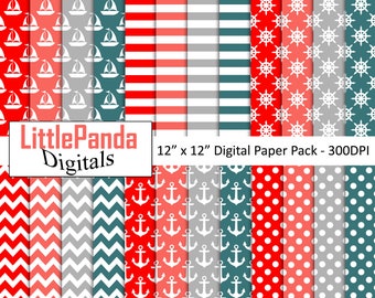 May include: A digital paper pack with 12 different patterns in red, white, gray, and teal. The patterns include sailboats, anchors, polka dots, stripes, and nautical wheels. The pack is 12 inches by 12 inches and 300 DPI.