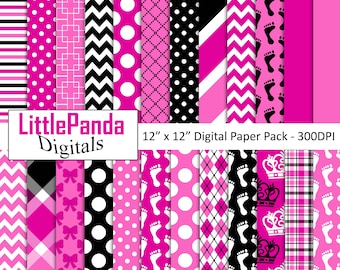 May include: A digital paper pack with 16 different patterns in pink and black. The patterns include polka dots, stripes, chevron, plaid, and footprints. The text "LittlePanda Digitals 12" x 12" Digital Paper Pack - 300DPI" is at the bottom of the image.