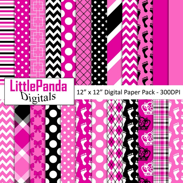 Baby Girl digital paper, scrapbook papers, commercial use, pink, black, baby feet, polka dots, crown, backgrounds D517