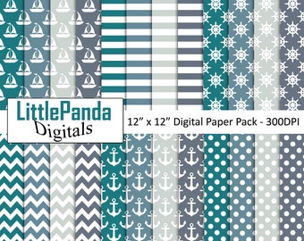 Nautical digital paper anchor background boat scrapbook paper polka dots chevron ship's wheel pattern paper crafts commercial use D623