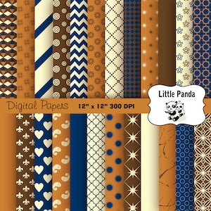 May include: A set of 12 digital papers in brown, blue, and white with various geometric patterns. The papers are 12 inches by 12 inches and 300 DPI. The text "Digital Papers" and "12" x "12" 300 DPI" is at the top of the image. The text "Little Panda" is in a white circle with a cartoon panda bear inside.