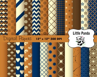 May include: A set of 12 digital papers in brown, blue, and white with various geometric patterns. The papers are 12 inches by 12 inches and 300 DPI. The text "Digital Papers" and "12" x "12" 300 DPI" is at the top of the image. The text "Little Panda" is in a white circle with a cartoon panda bear inside.