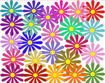 May include: A collection of colorful daisy clip art. The flowers have various colors, including blue, purple, pink, green, orange, and yellow. The text "LITTLE PANDA DIGITALS" is at the top, and "300 DPI - PNG" and "CLIP ART" are at the bottom.