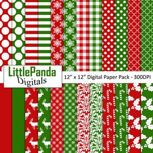 May include: A digital paper pack with 12 different Christmas patterns in red and green. The patterns include polka dots, stripes, snowflakes, reindeer, candy canes, holly, and more. The pack is 12" x 12" and 300 DPI.