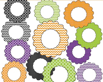 May include: Set of ten Halloween themed circle frames with different patterns. The frames are orange, green, purple, and black with polka dots, chevron, and circle patterns. The text "LITTLE PANDA DIGITALS" and "CLIP ART" are at the top and bottom of the image.