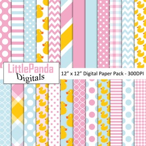 Carta digitale anatra di gomma, baby shower, battesimo, compleanno, scrapbooking, rosa e blu, uso commerciale, carta stampabile D535