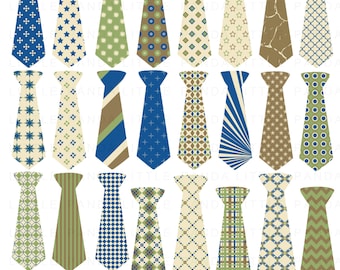 May include: A set of 24 digital clip art images of ties with various patterns in blue, green, brown, and white. The ties are perfect for scrapbooking, card making, and other craft projects.
