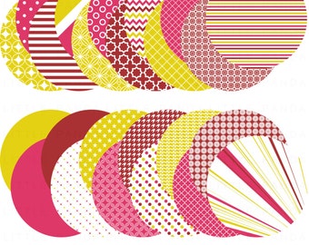 May include: Set of 18 digital paper circles in red, yellow, and white with various geometric patterns. The patterns include polka dots, stripes, zigzags, and stars.