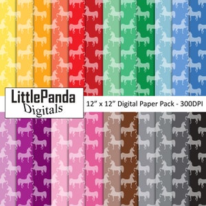 Unicorn digital paper, scrapbook papers, background, unicorn pattern, silhouette, planner, invitation, rainbow colors, commercial use D730