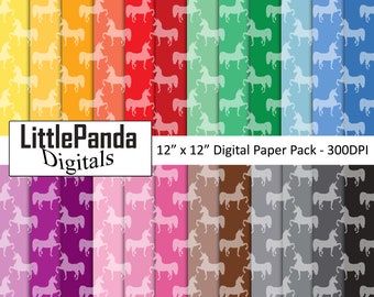 Unicorn digital paper, scrapbook papers, background, unicorn pattern, silhouette, planner, invitation, rainbow colors, commercial use D730