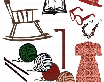 May include: A set of clip art images featuring a rocking chair, a book, a pair of glasses, a necklace, a dress, a cane, and balls of yarn with knitting needles. The images are in a brown, red, and green color scheme.