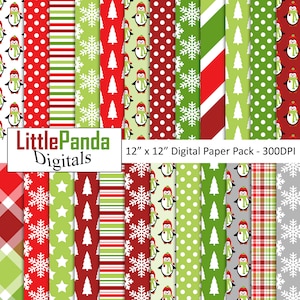 Papel digital pinguim, padrões de floco de neve, xadrez, inverno, fundos de férias, papéis de álbum de recortes, uso comercial - D494