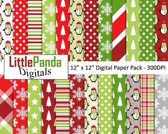 May include: A digital paper pack with 18 different Christmas themed patterns. The patterns include penguins, snowflakes, Christmas trees, stripes, polka dots, and plaid. The paper pack is 12 inches by 12 inches and 300 DPI.