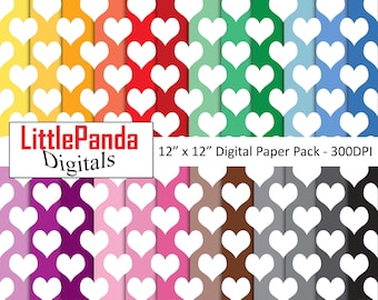 May include: A digital paper pack with 12 different patterns featuring white hearts on a variety of colored backgrounds. The paper pack is 12 inches by 12 inches and 300 DPI. The text "LittlePanda Digitals" is in the bottom left corner.