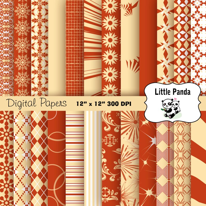May include: A set of 12 digital papers featuring various patterns in shades of orange and cream. The patterns include snowflakes, stars, stripes, and geometric designs. The papers are 12 inches by 12 inches and 300 DPI.