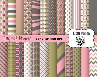 May include: A set of 12 digital papers featuring various geometric patterns in pink, gray, and green. The papers are 12 inches by 12 inches and 300 DPI. The text "Little Panda" is in the upper right corner of the image.