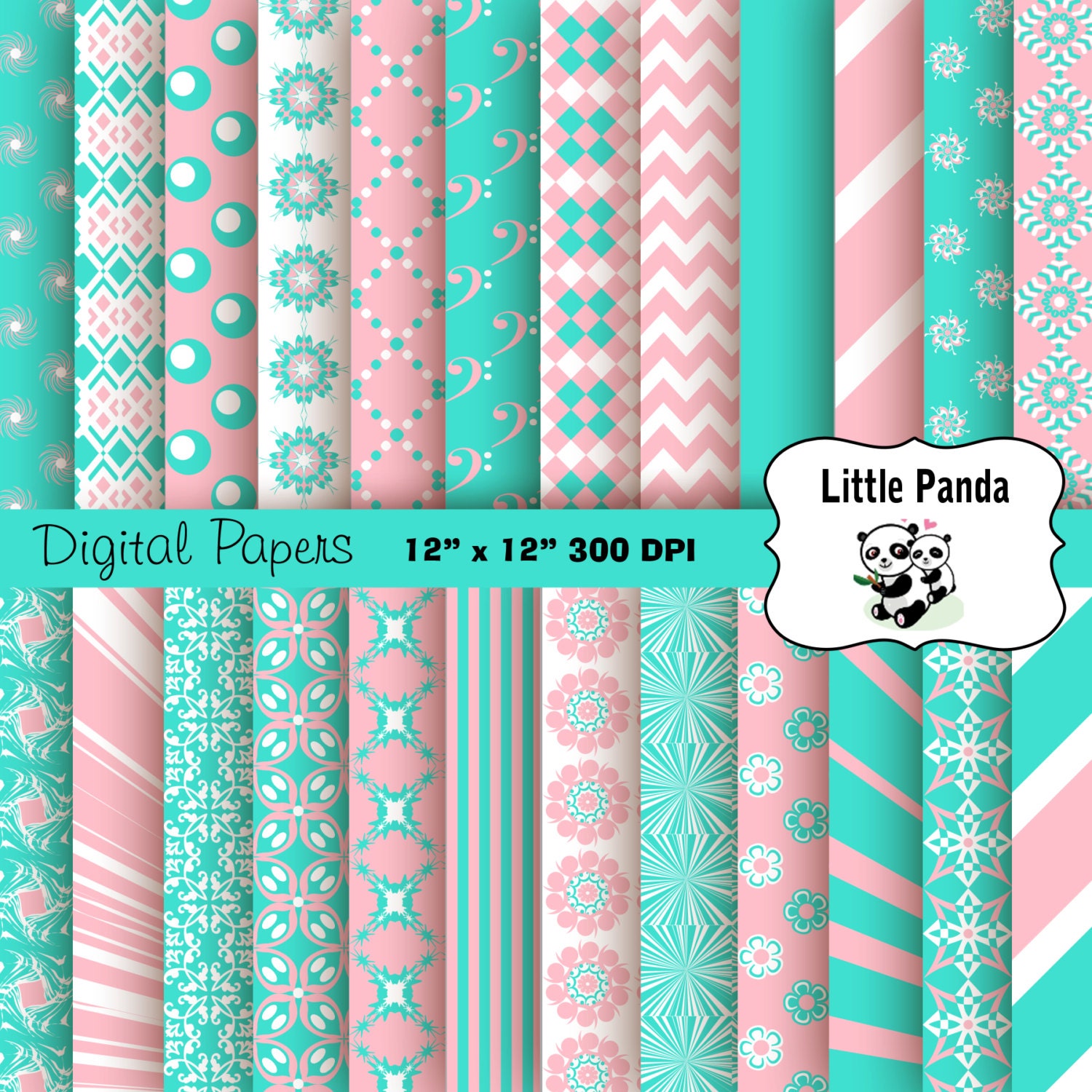 Turquoise and Pink Digital Scrapbook Papers 24 Jpg Files 12 X 12 ...