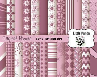 May include: A set of 12 digital papers in a dusty rose color with various patterns, including geometric, floral, and polka dots. The papers are 12 inches by 12 inches and 300 DPI. The text "Digital Papers" and "12" x 12" 300 DPI" is at the top of the image. The text "Little Panda" is in a circle at the top right of the image.