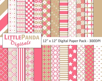 May include: A digital paper pack with 16 different patterns in pink, white, and brown. The patterns include stripes, polka dots, geometric shapes, and floral designs. The pack is 12 inches by 12 inches and 300 DPI.