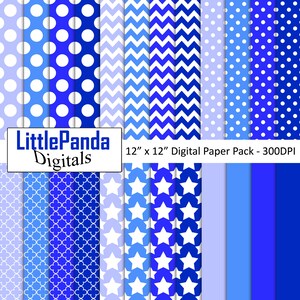 Schattierungen von blau digitales Papier, Polka Dots, Chevron, Vierpass, Sterne, passende Feststoffe, kommerzielle Nutzung, Scrapbook Papiere D511