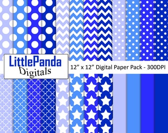 May include: Digital paper pack with 12 blue and white patterns. The patterns include polka dots, chevron, stars, and quatrefoil. The paper pack is 12" x 12" and 300 DPI.