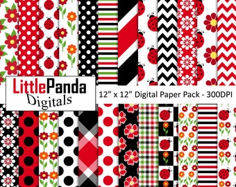 Ladybug digital paper, sweet ladybug scrapbook papers, commercial use, black and white, polka dots, florals, flowers, D500