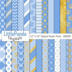 Papier numérique princesse, papiers de scrapbook de princesse, utilisation commerciale, feuille d’or, pois, bleu, couronne, damas, bandes D519