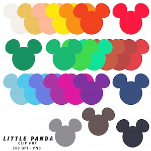 Puede incluir: Un conjunto de 20 imágenes de clip art de la cabeza de Mickey Mouse de colores. Las imágenes son de varios colores, incluidos rojo, naranja, amarillo, verde, azul, morado y gris.