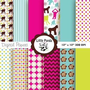 Affe Liebe Digital Paper Pack, digitale Scrapbooking, 12 Jpg-Dateien 12 x 12 - sofortiger Download - D140