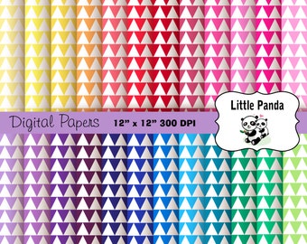 May include: A set of 12 digital papers featuring a repeating pattern of white triangles on a gradient background. The colors include yellow, orange, red, pink, purple, blue, green, and light green. The papers are 12 inches by 12 inches and 300 DPI. The text "Digital Papers" and "12" x "12" 300 DPI" is at the top of the image. The text "Little Panda" is in a circle at the top right of the image.