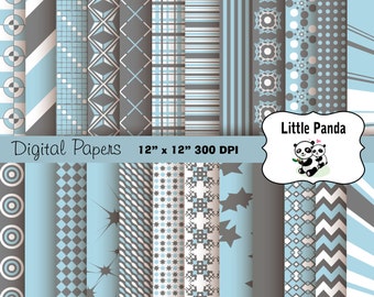 Papeles de Scrapbooking Digital Azul Claro y Gris 24 archivos jpg 12 x 12 - Descarga instantánea - D163