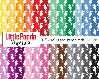 Seahorse digital paper nautical scrapbook paper sea animal background seahorse pattern silhouette rainbow colors commercial use D727