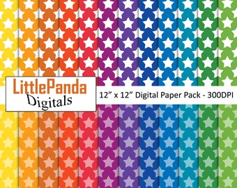 May include: A digital paper pack with 12 different patterns of white stars on a gradient background. The colors are yellow, orange, red, pink, purple, blue, green, and teal. The paper pack is 12" x 12" and 300 DPI.