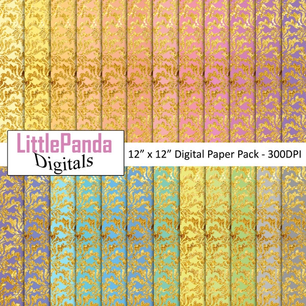 Gold Damask digital paper, scrapbook papers, wedding invitation, birthday, baby shower, royal patterns, commercial use D544