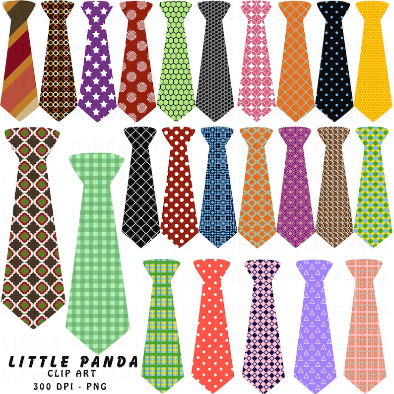 May include: A set of 24 digital clip art images of ties with various geometric patterns. The ties are in a variety of colors, including red, blue, green, yellow, orange, purple, brown, and black.