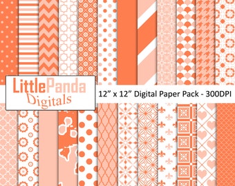 Coral digital paper, scrapbook papers, background, commercial use, stripes, polka dots, chevron, fishscale - D441