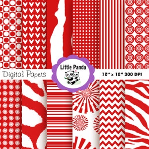 May include: Set of 12 digital papers featuring red and white patterns, including polka dots, hearts, stripes, and swirls. The papers are 12 inches by 12 inches and 300 DPI. "Little Panda" is written in purple on a white background.