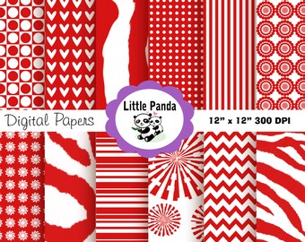 May include: Set of 12 digital papers featuring red and white patterns, including polka dots, hearts, stripes, and swirls. The papers are 12 inches by 12 inches and 300 DPI. "Little Panda" is written in purple on a white background.