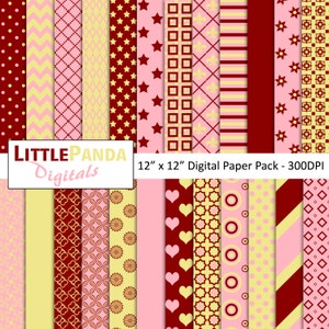 Könnte beinhalten: Ein digitales Papierpaket mit 16 verschiedenen Mustern in den Farben Rosa, Gelb und Burgunderrot. Die Muster umfassen Punkte, Sterne, Herzen, Streifen und geometrische Designs. Der Text "LITTLEPANDA Digitals 12" x 12" Digital Paper Pack - 300DPI" befindet sich am unteren Rand des Bildes.