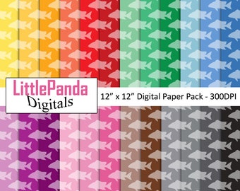 May include: A digital paper pack with 12 different patterns featuring a white silhouette of a fish on a gradient background. The colors include yellow, orange, red, green, blue, purple, pink, brown, gray, and black. The pack is 12 inches by 12 inches and 300 DPI.