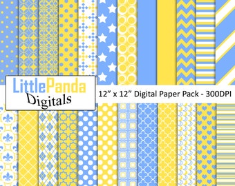 Blue yellow digital paper, scrapbook papers, background, commercial use, chevron, stripes, polka dots, stars - D438