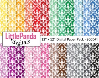 Damask digital paper floral pattern damask scrapbook paper background invitation paper crafts printable rainbow colors commercial use D703