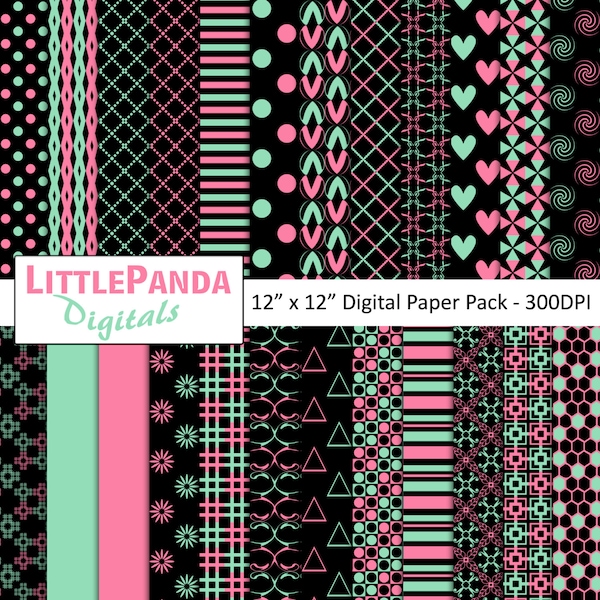 Sea Green, Pink, Black Digital Paper, Scrapbook Papers, Background, 24 jpg files 12 x 12 - Instant Download - D428