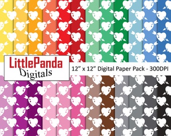 May include: A digital paper pack with 12 different patterns featuring white hearts with arrows through them on various colored backgrounds. The pack is 12" x 12" and 300 DPI.