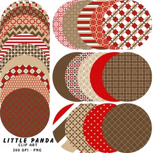 May include: Set of 18 digital paper circles with red, brown, and white geometric patterns. The circles are perfect for scrapbooking, card making, and other craft projects.