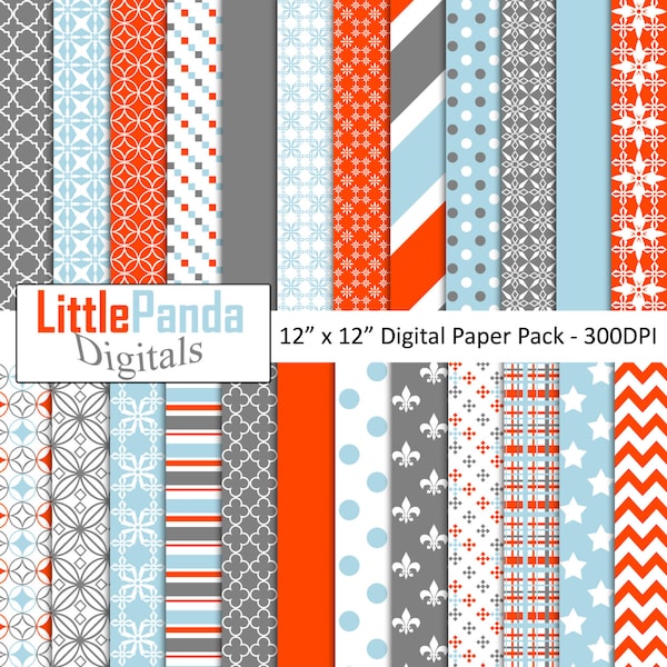 Light Blue Orange Gray Digital Paper, Background, Scrapbook Papers, 24 jpg files 12 x 12 - Instant Download - D434