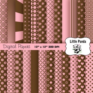 Puede incluir: Un conjunto de 18 papeles digitales con varios patrones en rosa y marrón. Los patrones incluyen rayas, estrellas, corazones, flores y diseños geométricos. Los papeles son de 30,5 cm por 30,5 cm y 300 DPI. El texto "Little Panda" está en la esquina superior derecha de la imagen.