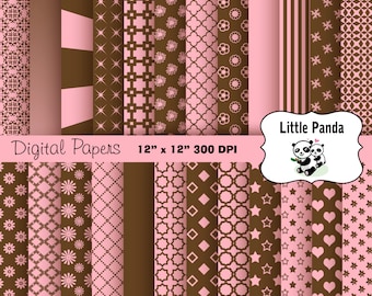 Dark Brown and Light Pink Digital Scrapbook Papers 24 jpg files 12 x 12 - Instant Download - D268
