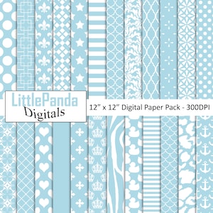 Ljusblått digitalt papper, scrapbookpapper för 1-årsdag, kommersiellt bruk, utskrivbar damast, ränder, prickar, prinskrona, D557