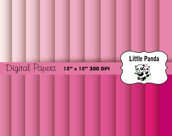 May include: Digital papers in shades of pink, arranged in vertical stripes. The papers are 12" x 12" and 300 DPI. A logo with two pandas is in the upper right corner. The text "Little Panda" is above the pandas.